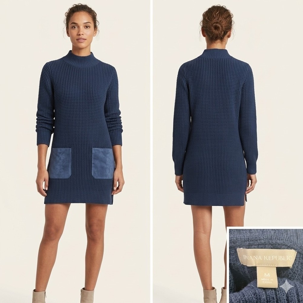 Banana Republic Sweater Dress Women's Medium Blue Merino Wool Blend Mock Neck